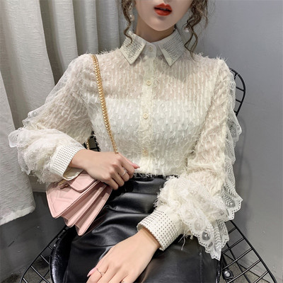 Moteriški laisvalaikio marškiniai su klasikine apykakle ir ilgomis rankovėmis