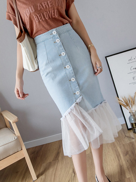 Ženska ležerna duga suknja na gumbe i til