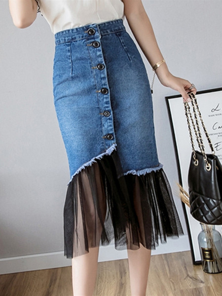 Ženska ležerna duga suknja na gumbe i til