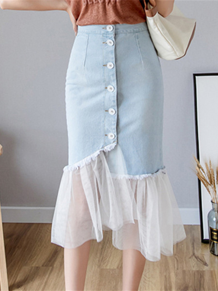 Ženska ležerna duga suknja na gumbe i til