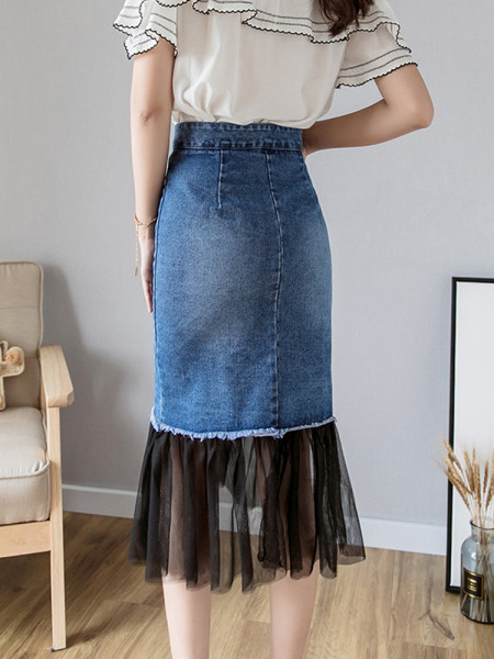 Ženska ležerna duga suknja na gumbe i til