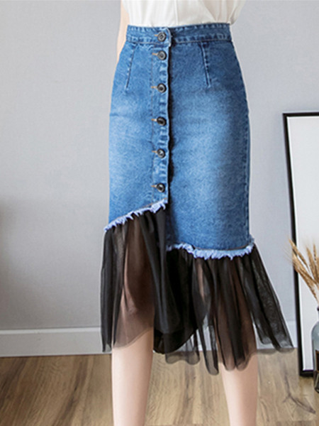 Ženska ležerna duga suknja na gumbe i til