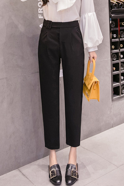 Stilīgas sieviešu bikses ar augstu vidukli un jostu - taisns modelis