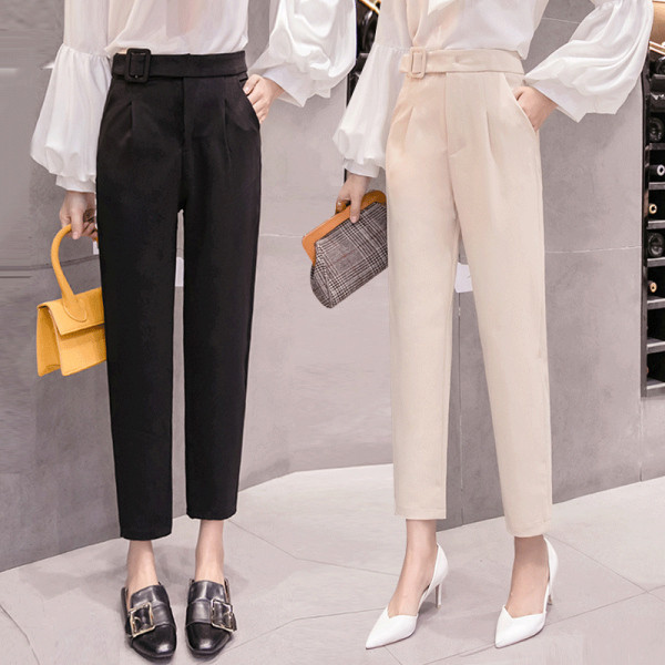 Stilīgas sieviešu bikses ar augstu vidukli un jostu - taisns modelis