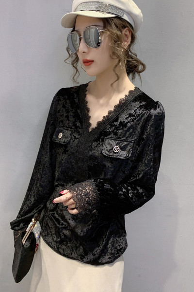 Cămașă casual de damă cu dantelă și decolteu din catifea spitz