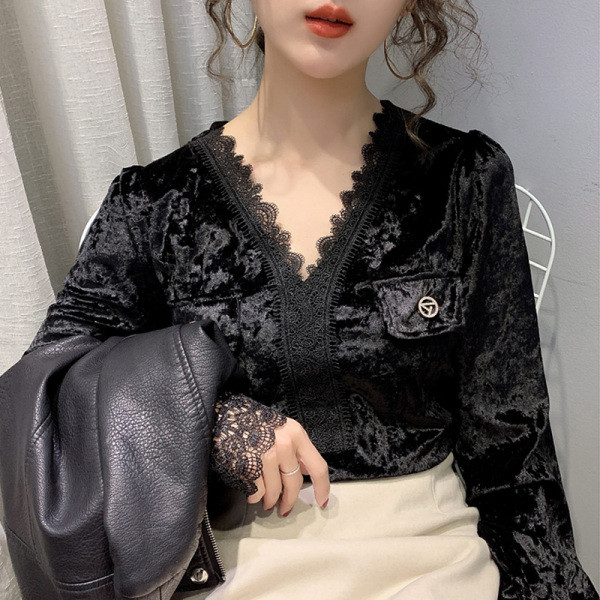 Cămașă casual de damă cu dantelă și decolteu din catifea spitz