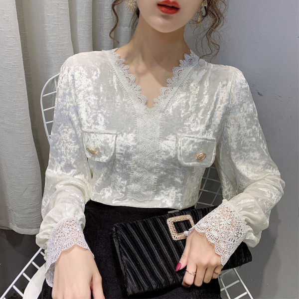 Cămașă casual de damă cu dantelă și decolteu din catifea spitz