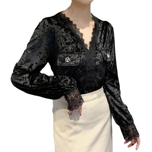 Cămașă casual de damă cu dantelă și decolteu din catifea spitz