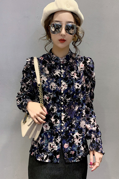 Sieviešu ikdienas šifona krekls ar pogām un ziedu rakstu