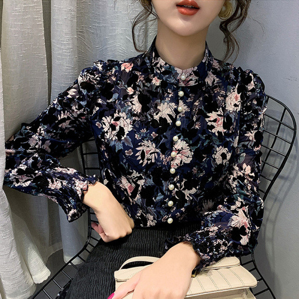 Sieviešu ikdienas šifona krekls ar pogām un ziedu rakstu