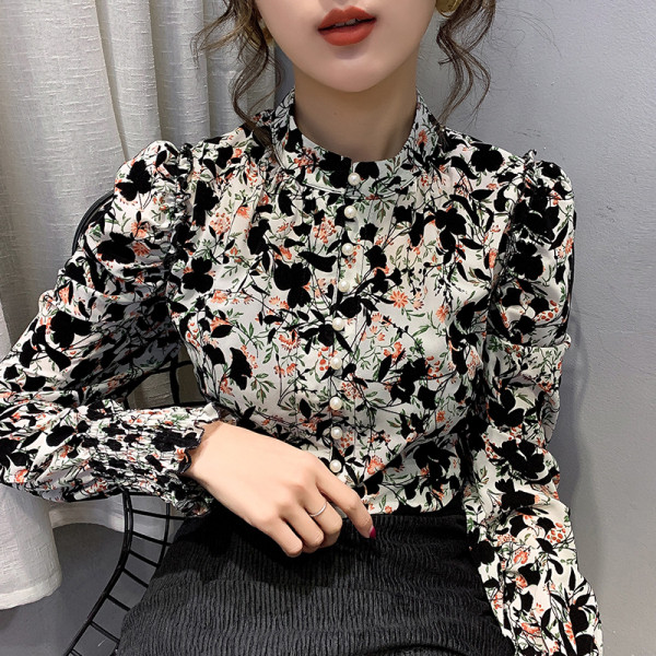 Sieviešu ikdienas šifona krekls ar pogām un ziedu rakstu