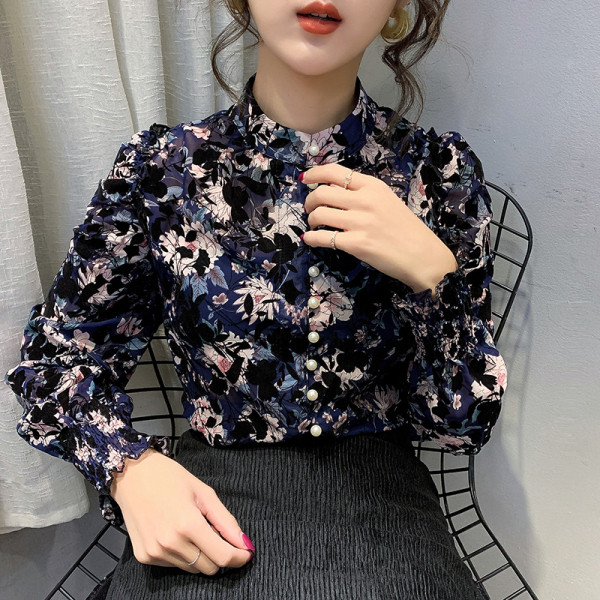 Sieviešu ikdienas šifona krekls ar pogām un ziedu rakstu