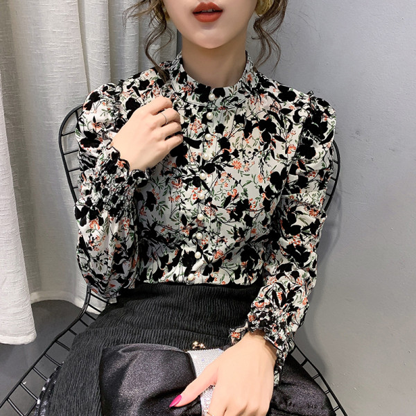 Sieviešu ikdienas šifona krekls ar pogām un ziedu rakstu