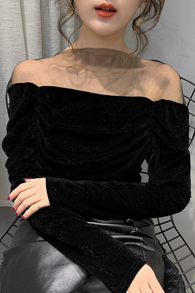 Moteriška laisvalaikio aksominė palaidinė ilgomis rankovėmis ir blizgiomis dalelėmis