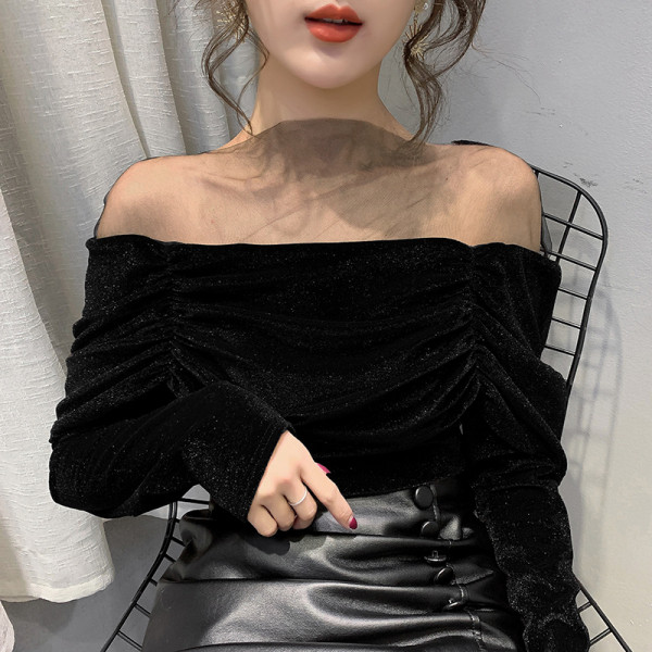 Moteriška laisvalaikio aksominė palaidinė ilgomis rankovėmis ir blizgiomis dalelėmis