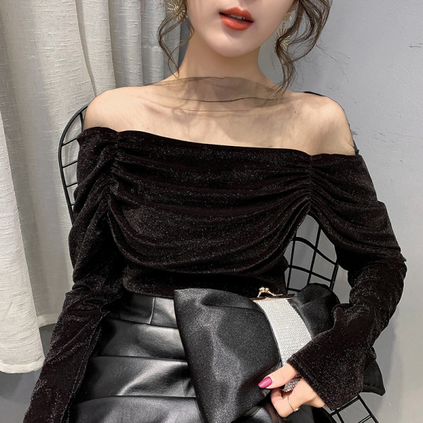 Moteriška laisvalaikio aksominė palaidinė ilgomis rankovėmis ir blizgiomis dalelėmis