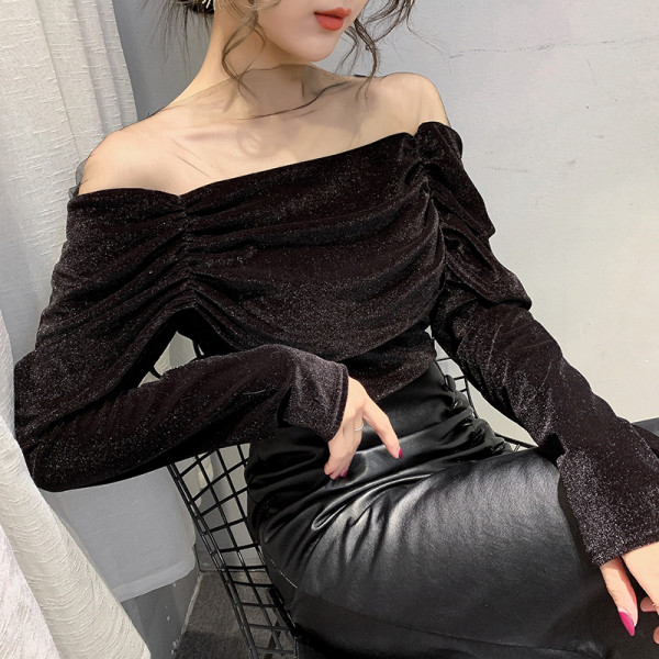 Moteriška laisvalaikio aksominė palaidinė ilgomis rankovėmis ir blizgiomis dalelėmis