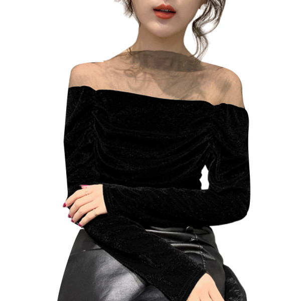 Moteriška laisvalaikio aksominė palaidinė ilgomis rankovėmis ir blizgiomis dalelėmis