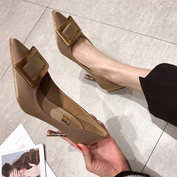 Moderns sieviešu apavu smails modelis ar plānu papēdi un metāla sprādzi