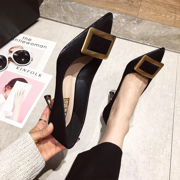 Moderns sieviešu apavu smails modelis ar plānu papēdi un metāla sprādzi