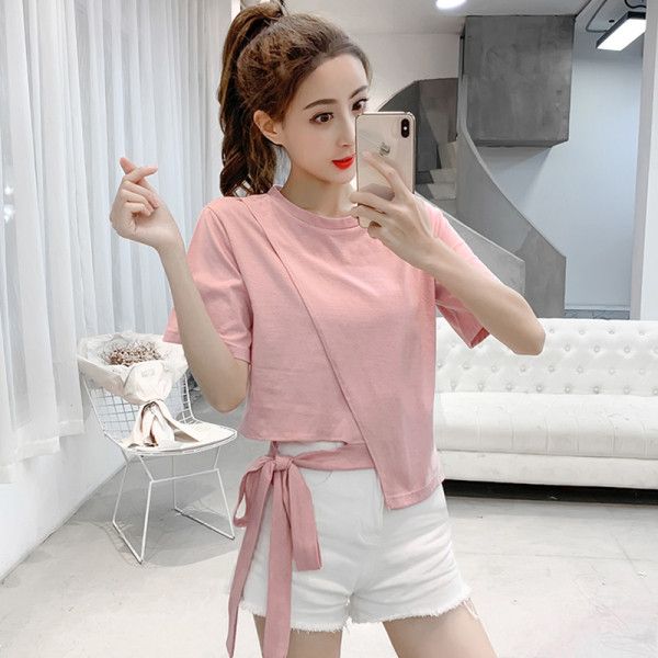 Ikdienas sieviešu T-krekls ar īsām piedurknēm un saitēm