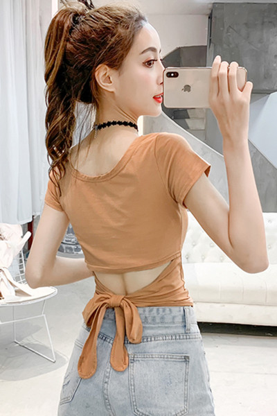 Модерна дамска тениска с връзки и къс ръкав