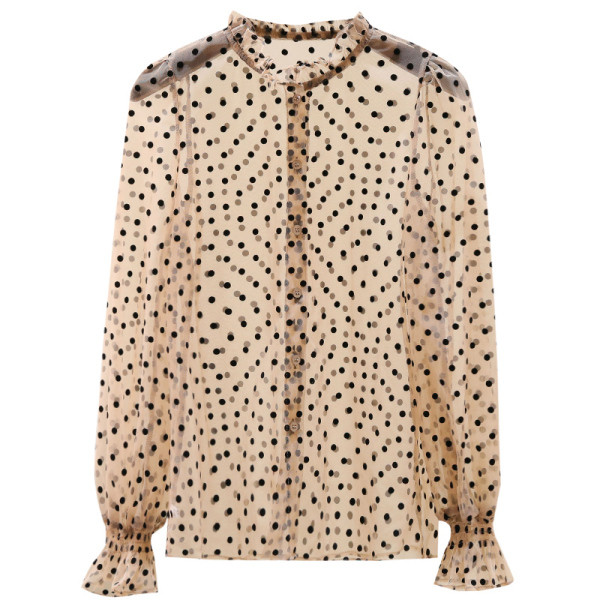 Moderns sieviešu punktveida krekls ar pogām un tilla piedurknēm