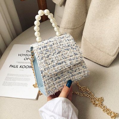 Stilīga sieviešu soma ar garu metāla rokturi un īsu rokturi ar pērlēm