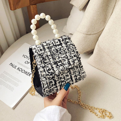 Stilīga sieviešu soma ar garu metāla rokturi un īsu rokturi ar pērlēm