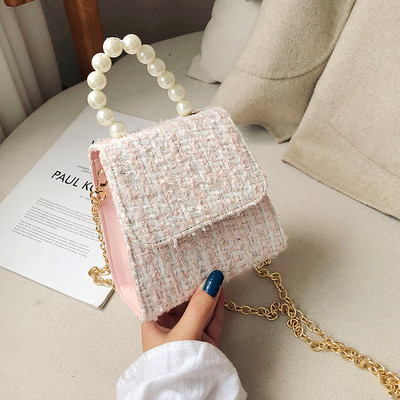 Stilīga sieviešu soma ar garu metāla rokturi un īsu rokturi ar pērlēm