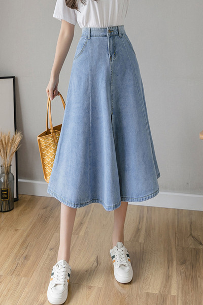 Дамска ежедневна дънкова пола разкроен модел с цепка