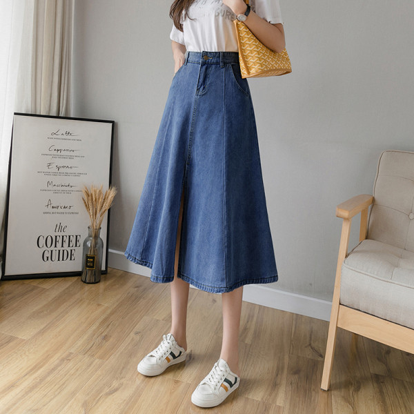 Дамска ежедневна дънкова пола разкроен модел с цепка