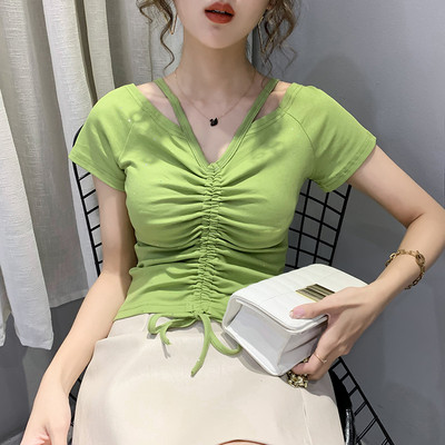 Moderni moteriška palaidinė trumpomis rankovėmis ir blizgiomis dalelėmis