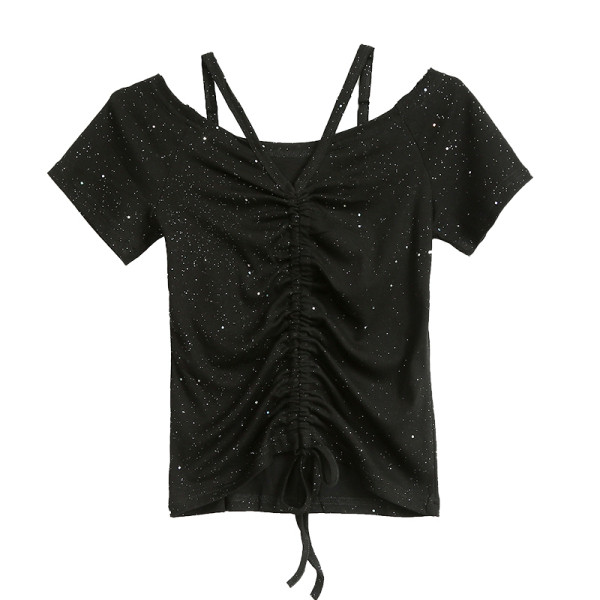 Moderni moteriška palaidinė trumpomis rankovėmis ir blizgiomis dalelėmis