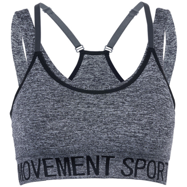 Sportinė moteriška krūtinė su dvigubais dirželiais ir užrašu