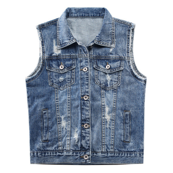 Jauns sieviešu džinsa vestes modelis ar saplēstiem motīviem un klasisku apkakli