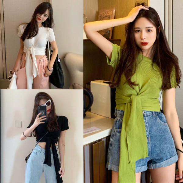 Jauna modeļa pieguloša sieviešu blūze ar īsām piedurknēm un vidukļa saitēm