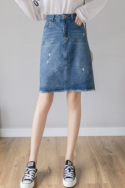 Sieviešu ikdienas džinsa svārki ar augstu vidukli un saplēstiem motīviem