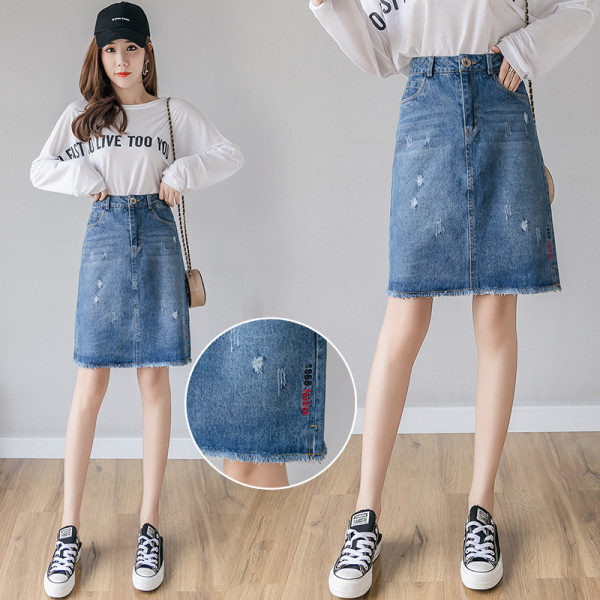 Sieviešu ikdienas džinsa svārki ar augstu vidukli un saplēstiem motīviem