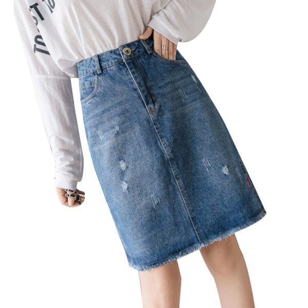 Sieviešu ikdienas džinsa svārki ar augstu vidukli un saplēstiem motīviem