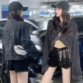 Jauna modeļa melna džinsa jaka - īss plats modelis