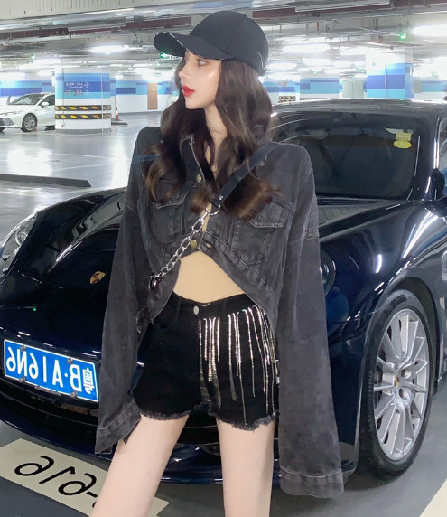 Jauna modeļa melna džinsa jaka - īss plats modelis