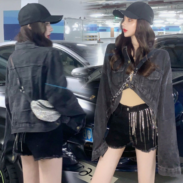 Jauna modeļa melna džinsa jaka - īss plats modelis