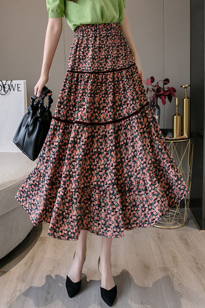 Дамска цветна пола разкроен модел с висока талия