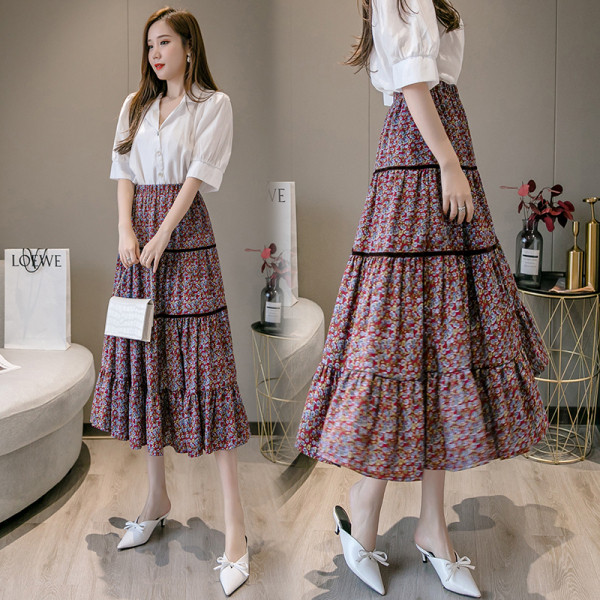 Дамска цветна пола разкроен модел с висока талия