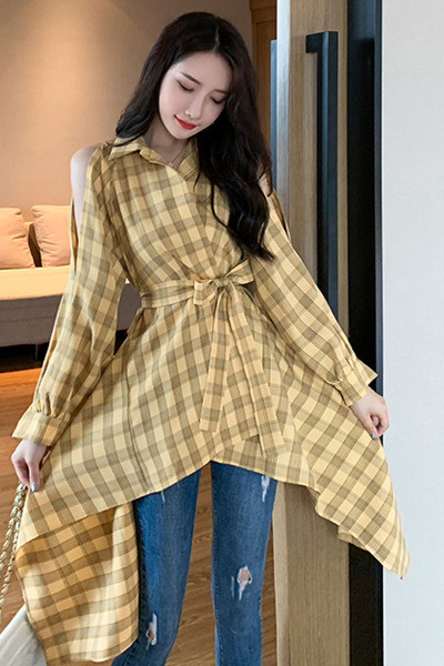 Нов модел дълга карирана риза -  асиметричен модел