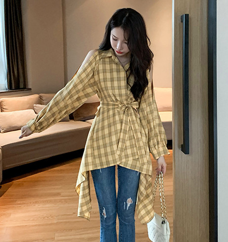 Нов модел дълга карирана риза -  асиметричен модел