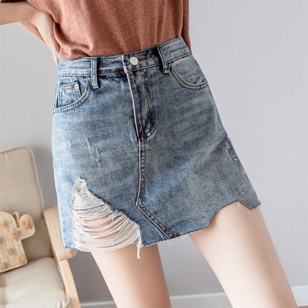 Γυναικεία φούστα denim με σκισμένο μοτίβο και υψηλή μέση