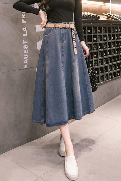 Дънкова дамска пола с висока талия и колан с надпис 