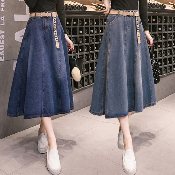 Дънкова дамска пола с висока талия и колан с надпис 